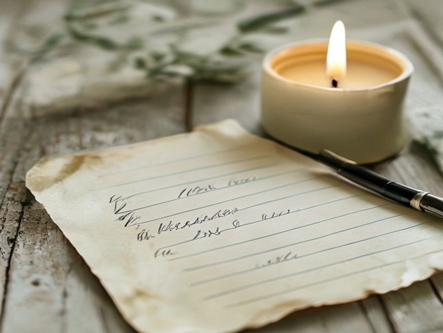 Handwritten checklist on desk with pen and candle