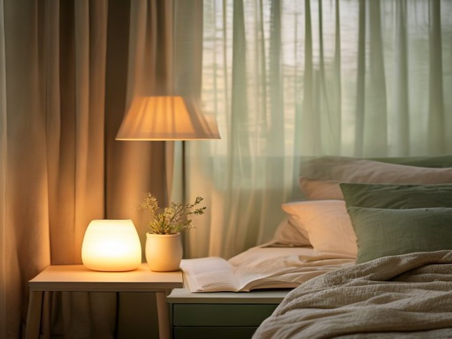 Serene bedroom corner with soft amber lighting and open book